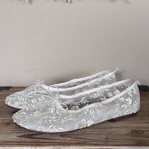 Zara Ecru Sheer Embroidered Ballerinas Whimsical Slip On Ballet flat Size 6.5